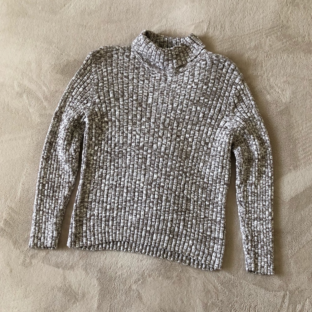 Brown & White Turtle Neck Ribbed Knit Sweater